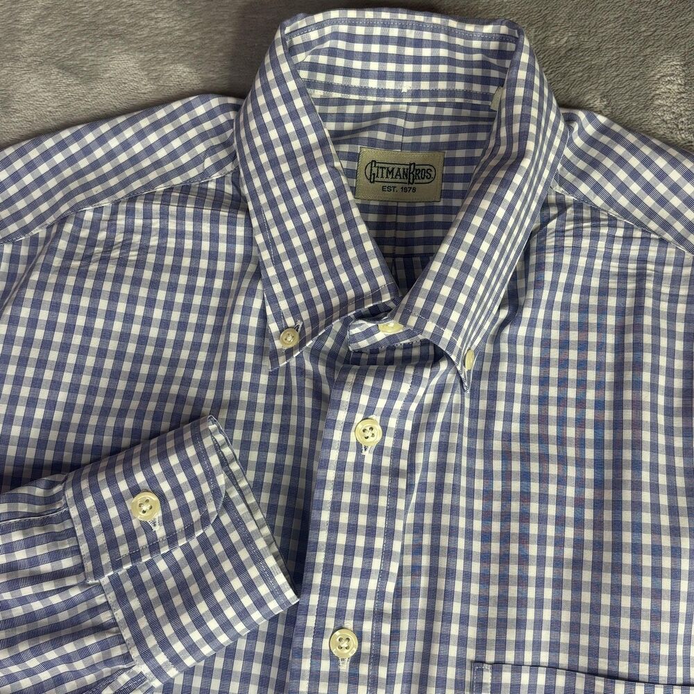 Gitman Bros Shirt Mens Large Blue Check Long Sleeve Button Up Made In USA Cotton